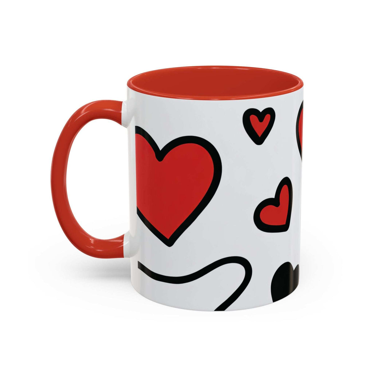 White accent coffee mug with orange handle and rim, large red heart and scattered small hearts