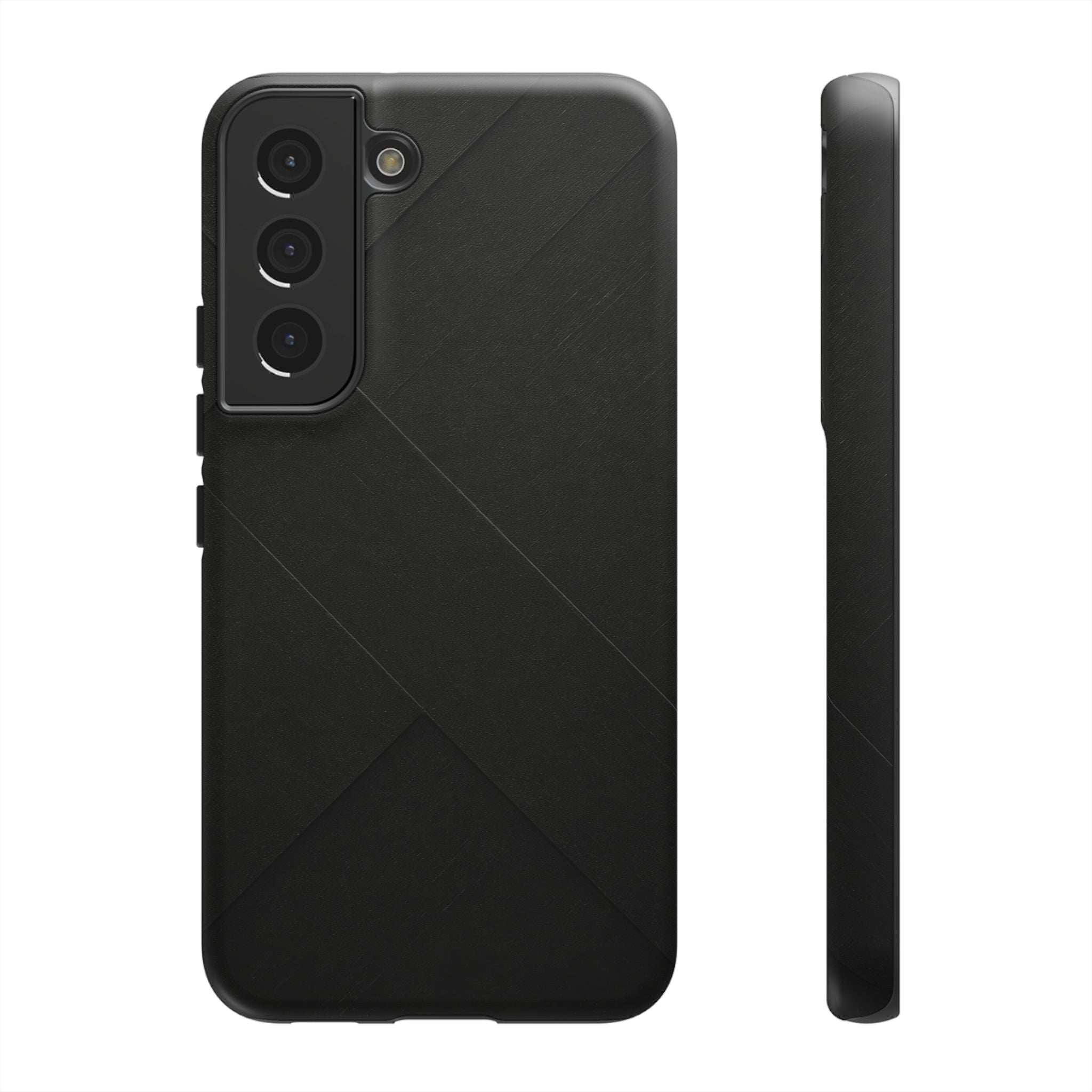 Matte black phone case with diagonal line pattern and raised triple camera cutouts