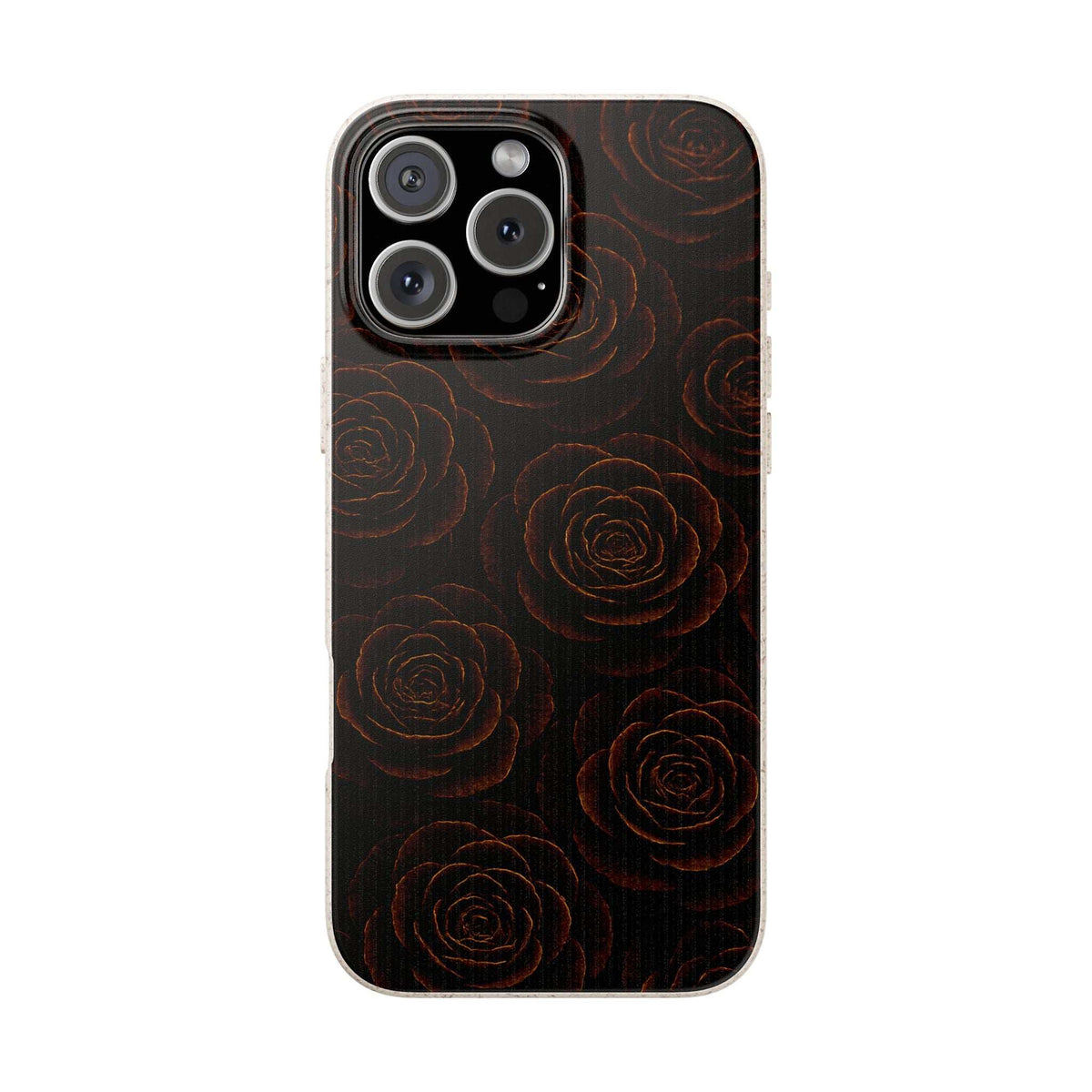 Dark phone case with bronze rose pattern, camera openings, and matching button cutouts.