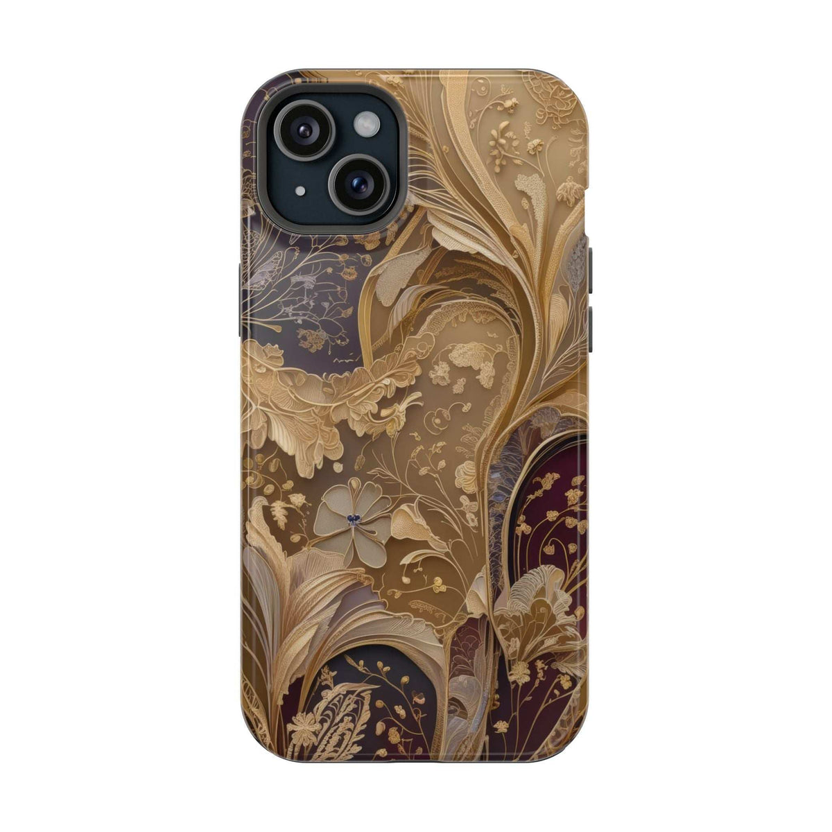 Gold and dark botanical floral phone case, dual camera cutouts and raised edges