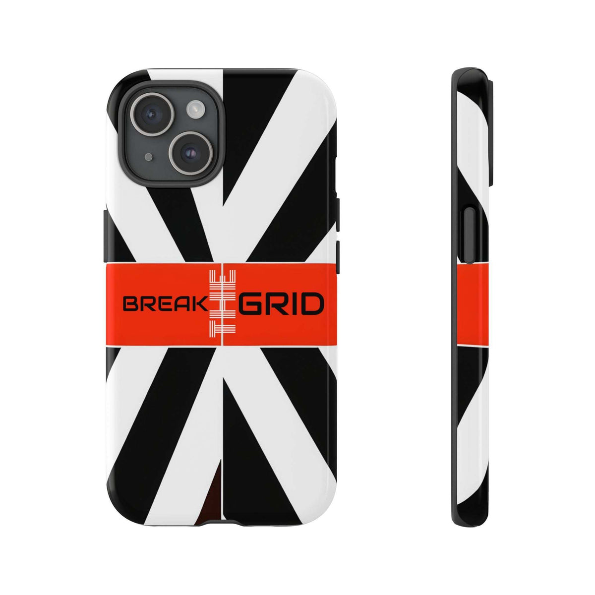 Geometric phone case with black-and-white radial stripes and orange center band, camera cutouts