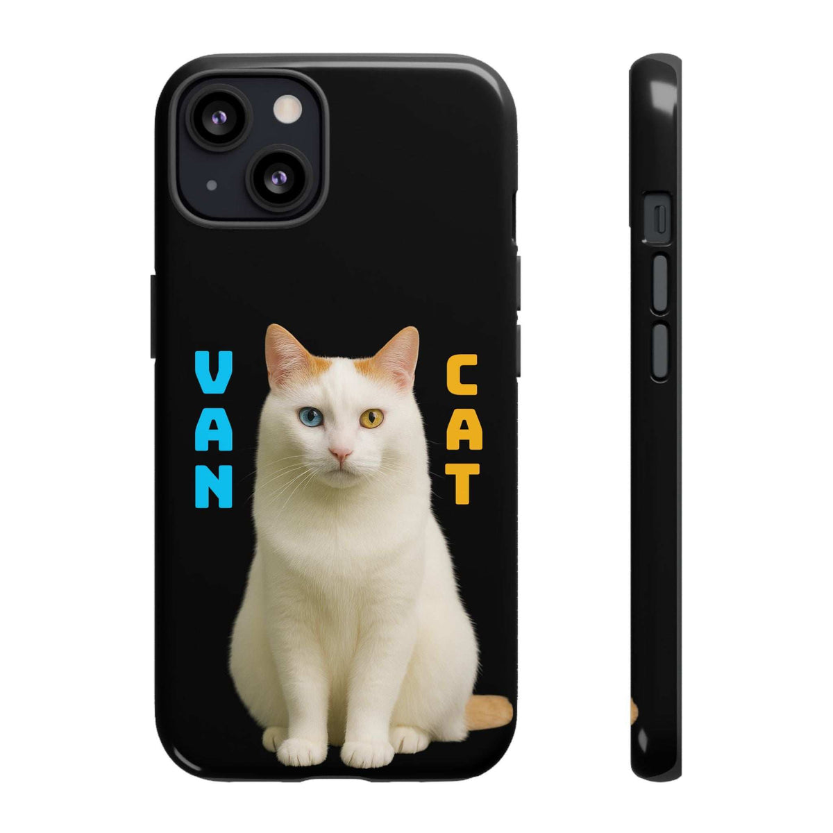 Glossy black phone case showing white cat graphic with camera and side button cutouts