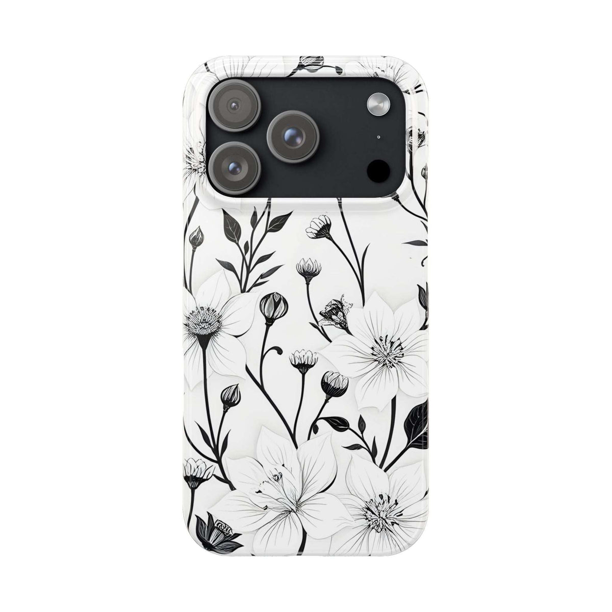 Monochrome floral phone case back with camera openings and white flower print.
