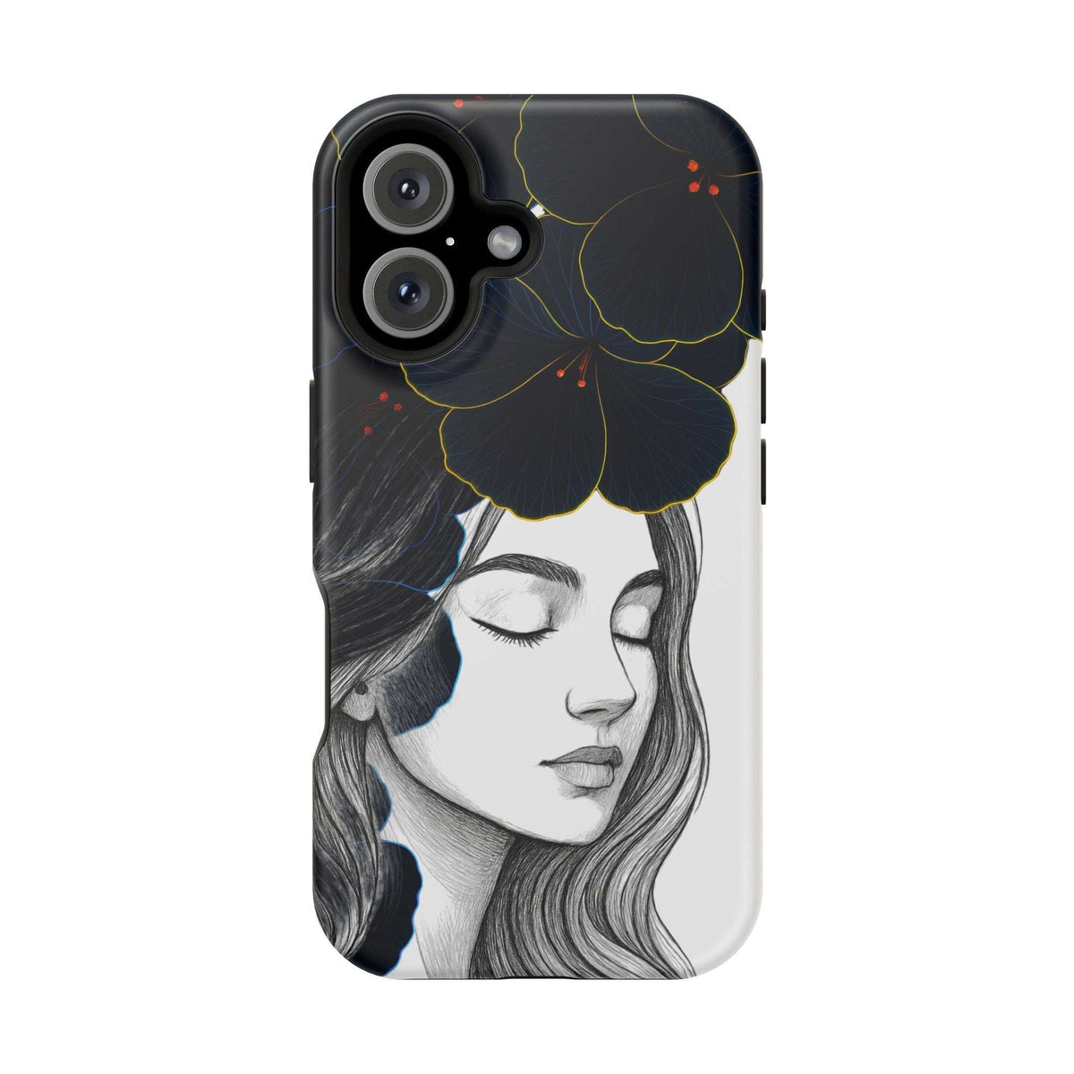 Dark floral phone case with woman face illustration, blue-green blooms, and camera cutouts