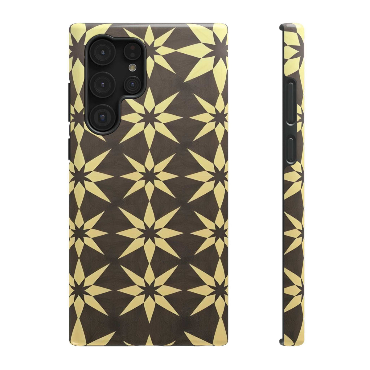 Star geometric phone case back view, black base with gold starburst print.