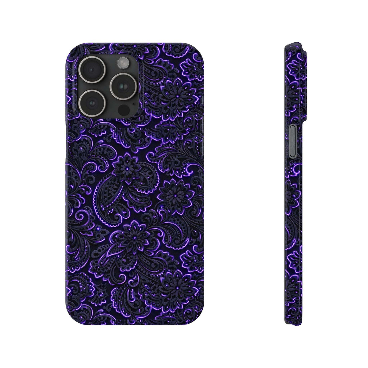 Purple neon paisley phone case front view with multiple camera cutouts and pattern.