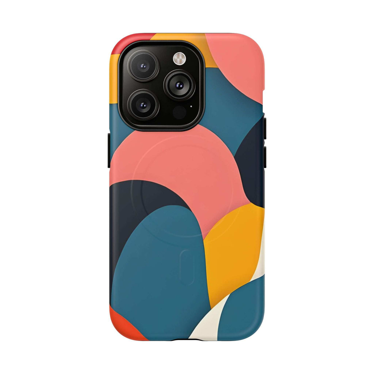 Colorful abstract iPhone phone case with teal and coral blocks, yellow accents, and triple camera cutout