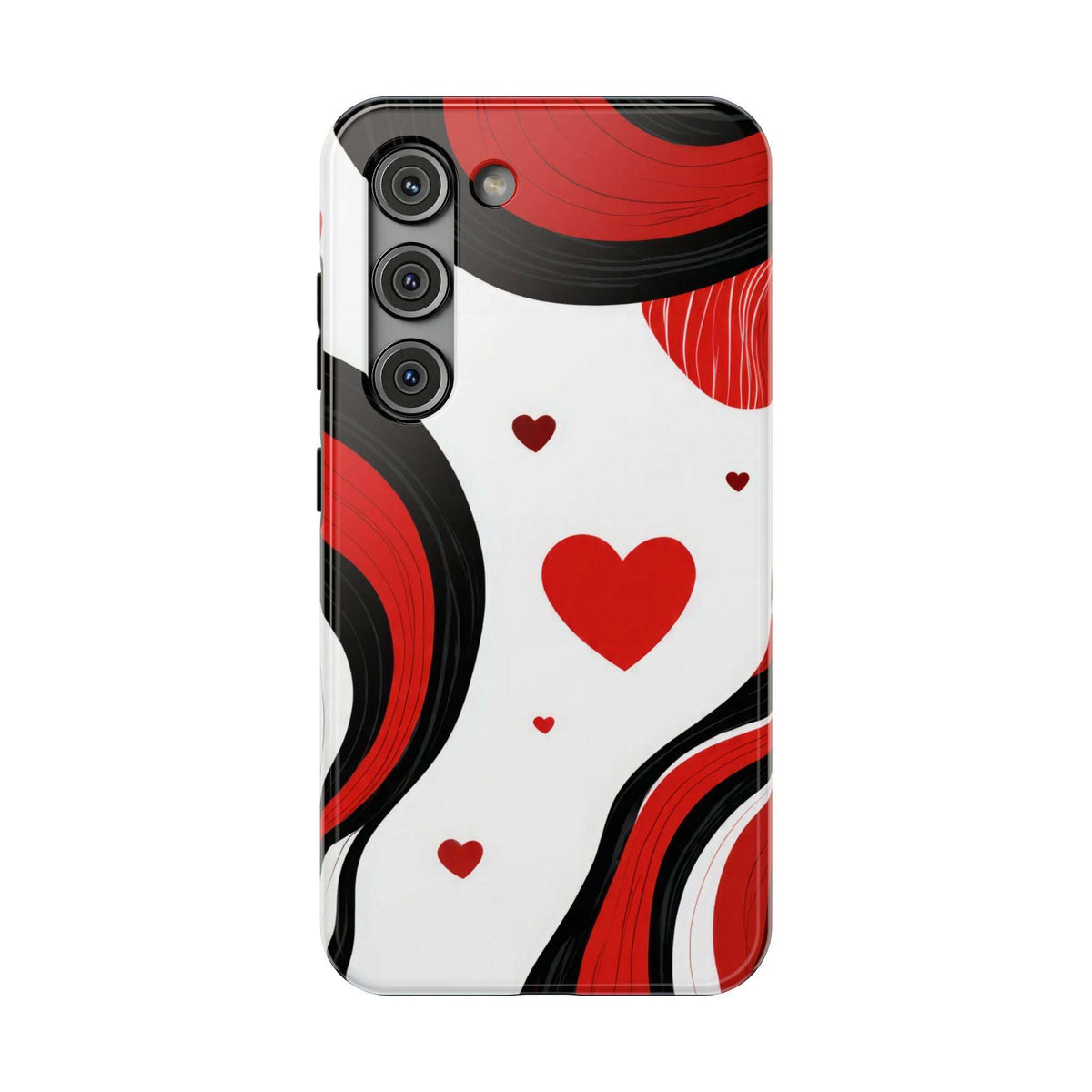 Glossy phone case with white base, red hearts, and red/black swirl design near upper camera