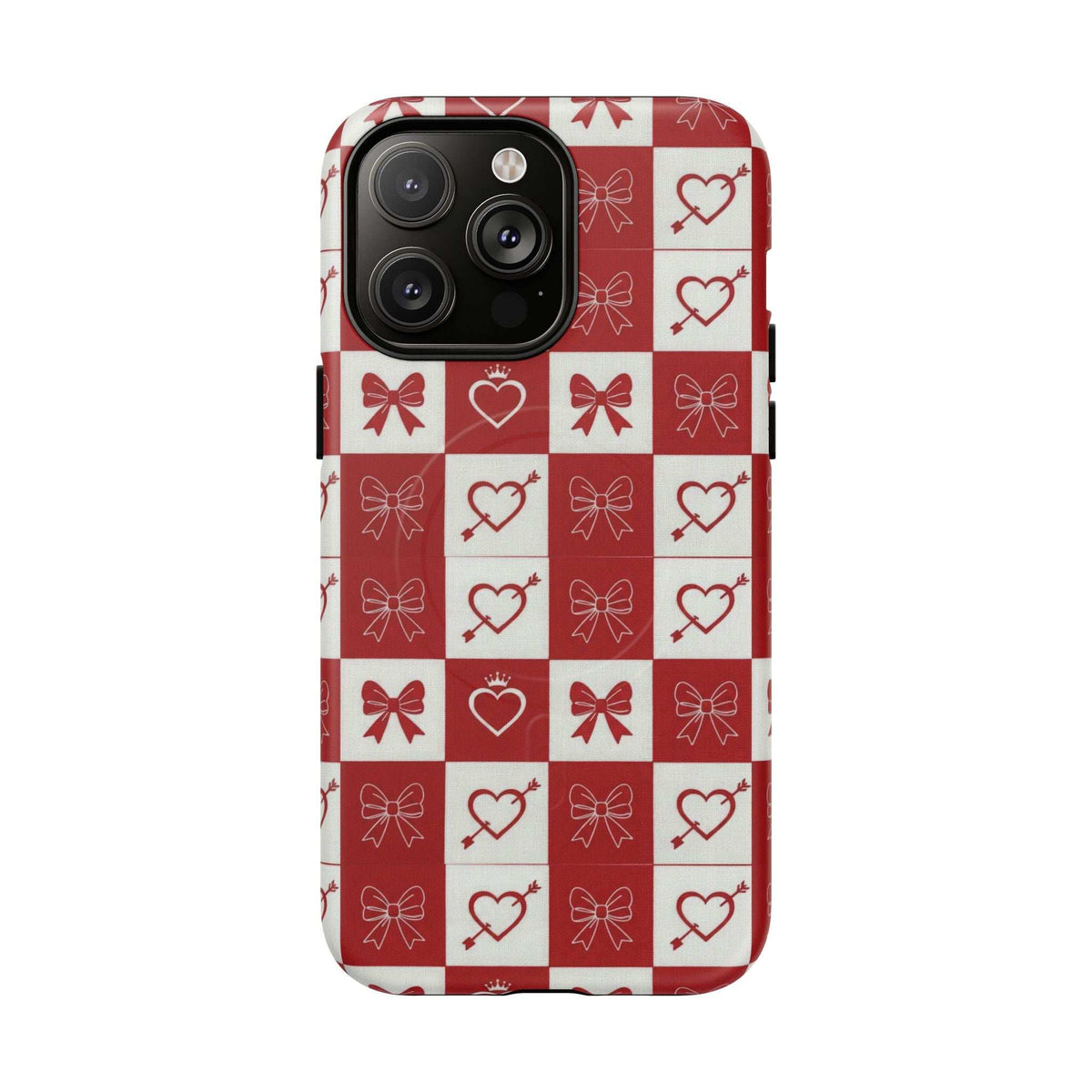 Phone case back with red-and-white hearts and bows checkerboard pattern, lens openings