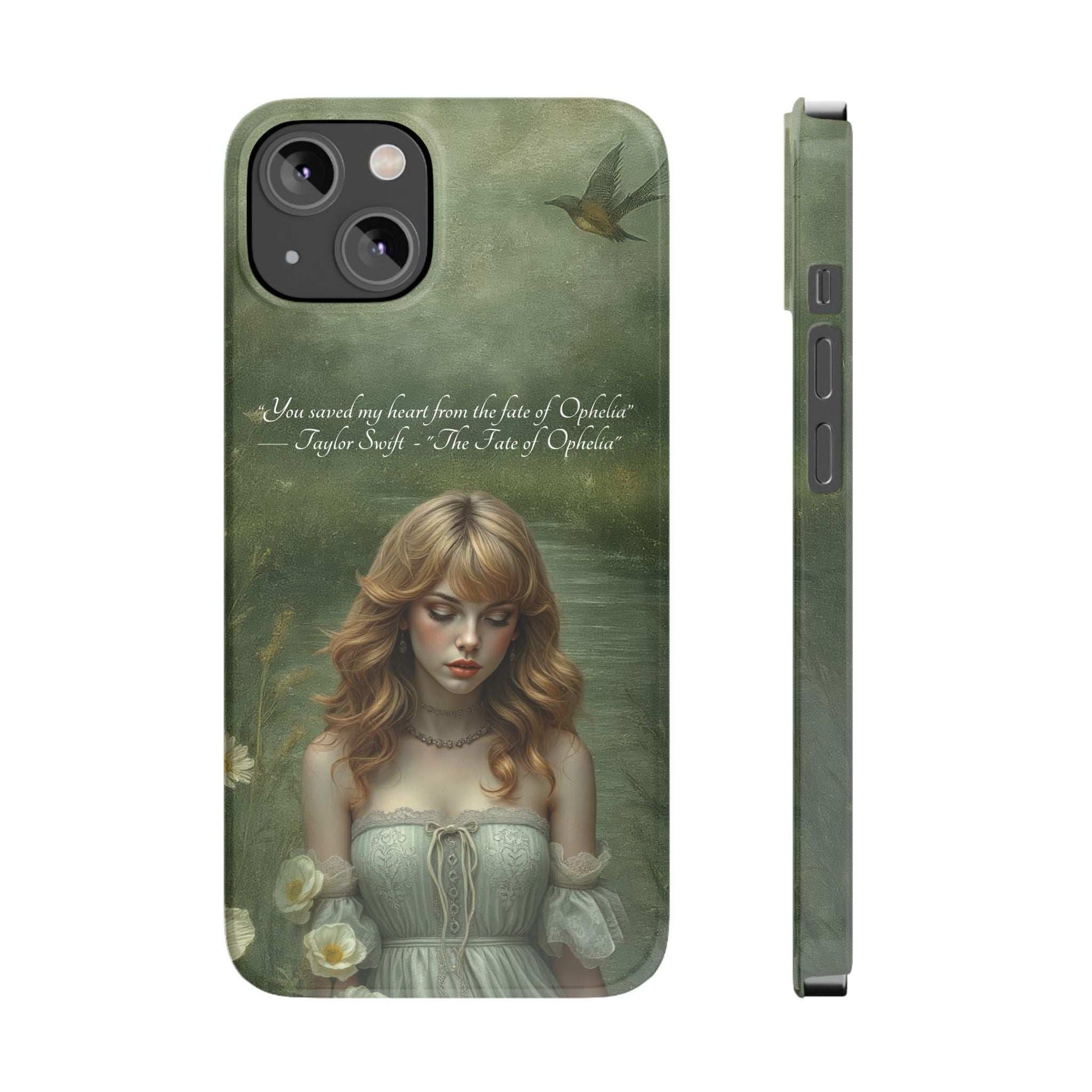 Green phone case with blonde woman artwork, bird silhouette, and side button cutout view