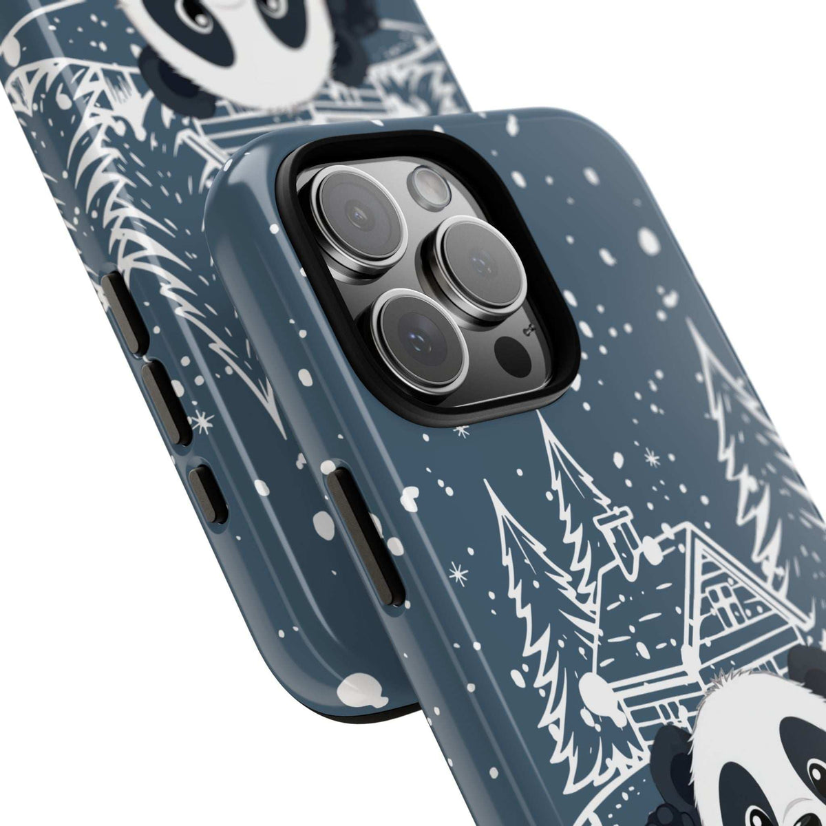Angled blue panda phone case showing camera cutout; snowy dots and fir tree pattern.