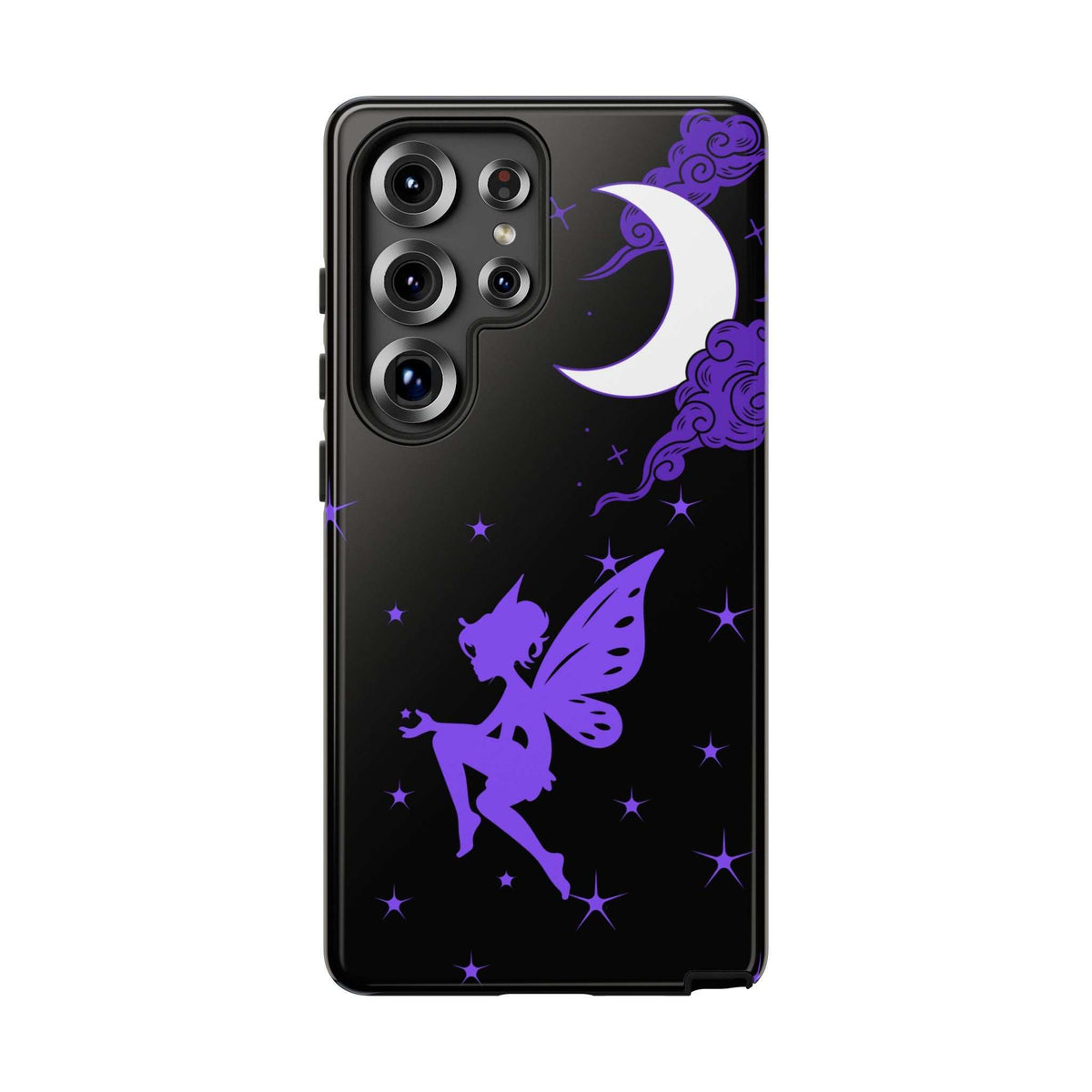 Black phone case with purple fairy and crescent moon; camera lenses and cutouts on back