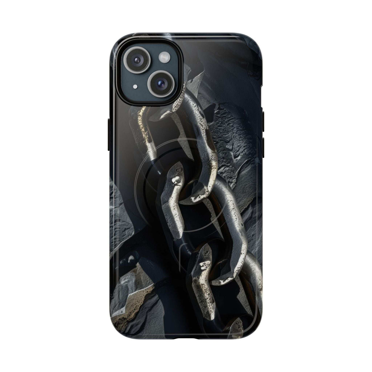 Black tough magnetic phone case with iron chain artwork and side grip edges