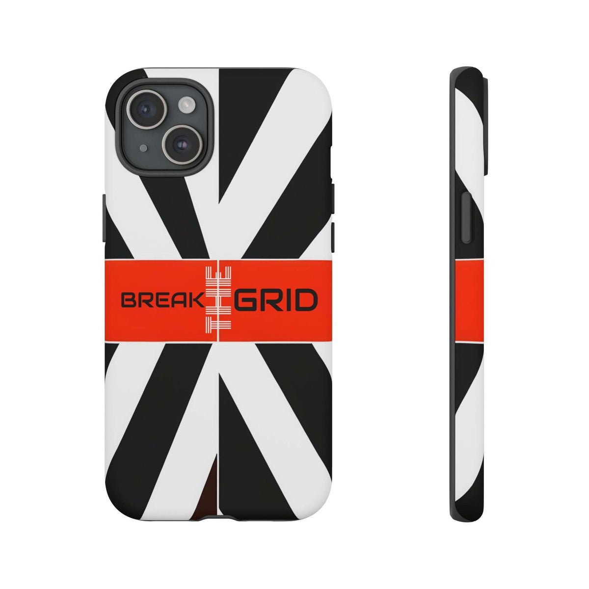 Geometric phone case with black-and-white stripes and orange center band, rear camera cutouts