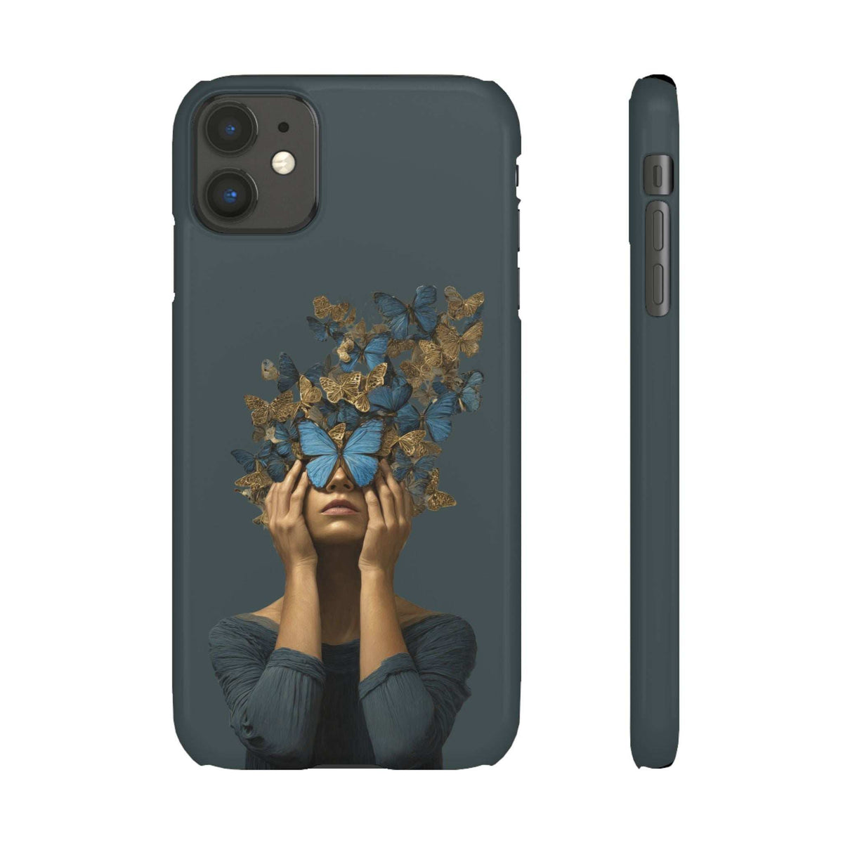 Dark gray phone case with butterfly crown portrait and side profile with button cutouts