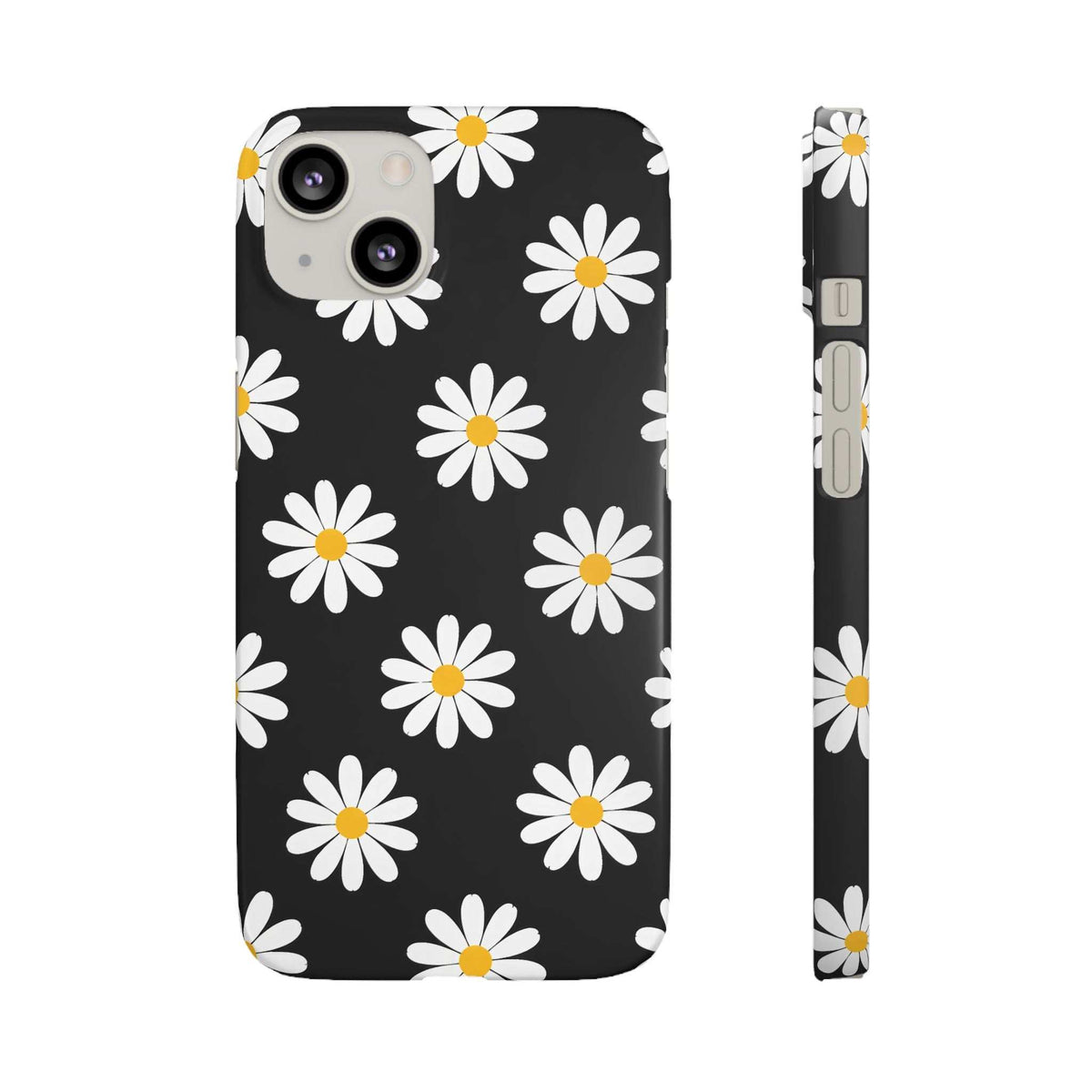 Black phone case front view with white flowers and yellow centers, slim side profile shown.