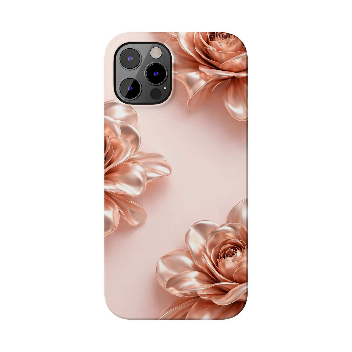 Blush phone case with metallic flower design, back view with camera cutouts
