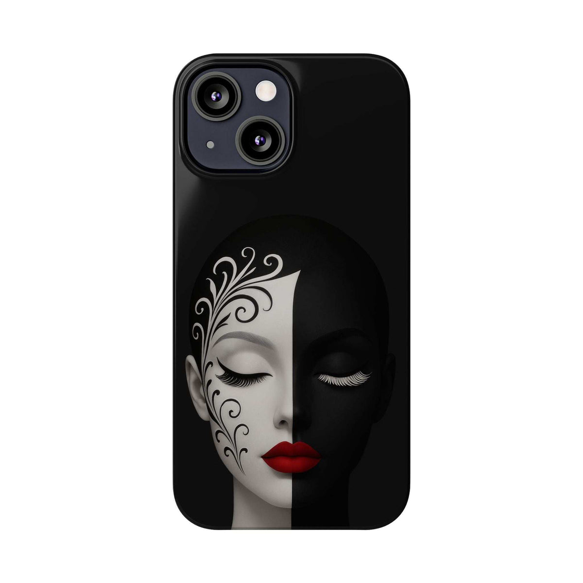 Black iPhone phone case with split-face portrait, red lips, and camera lens cutouts.