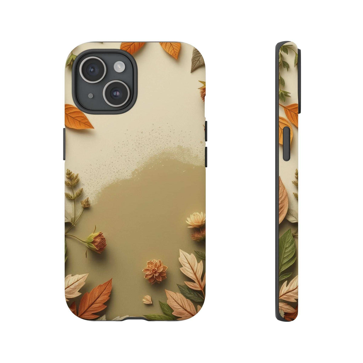 Autumn leaves phone case with beige leaf pattern; dark gray camera cutouts