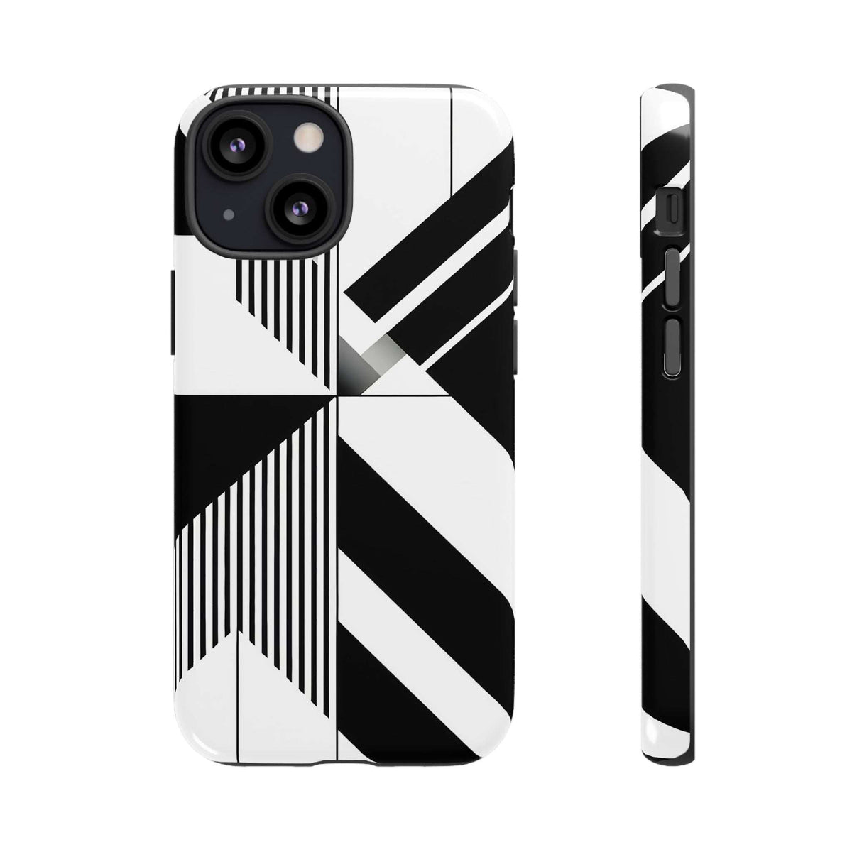 Monochrome tough phone case with bold geometric stripes, back view and raised camera area