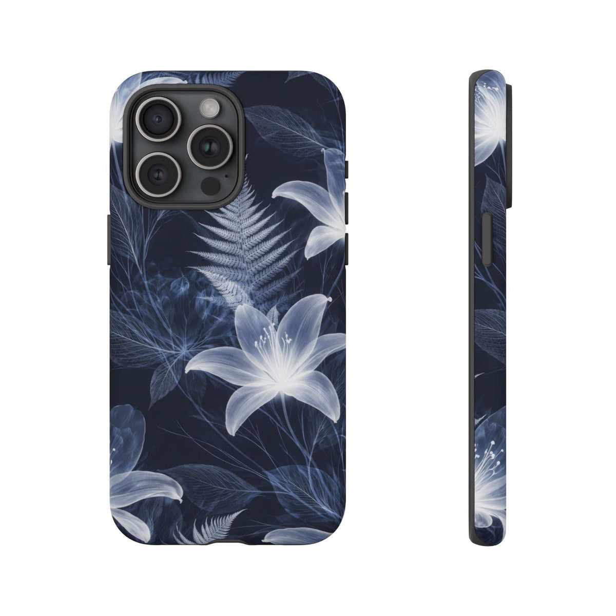 Phone case with dark blue leaves and white flowers artwork, camera cutouts visible