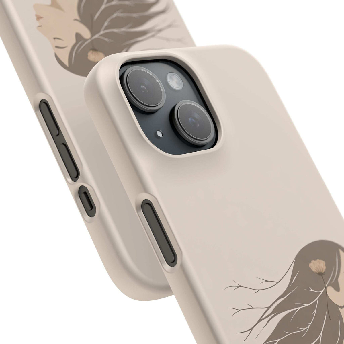 Beige phone case angled view with camera lens protection and line art woman, side vents