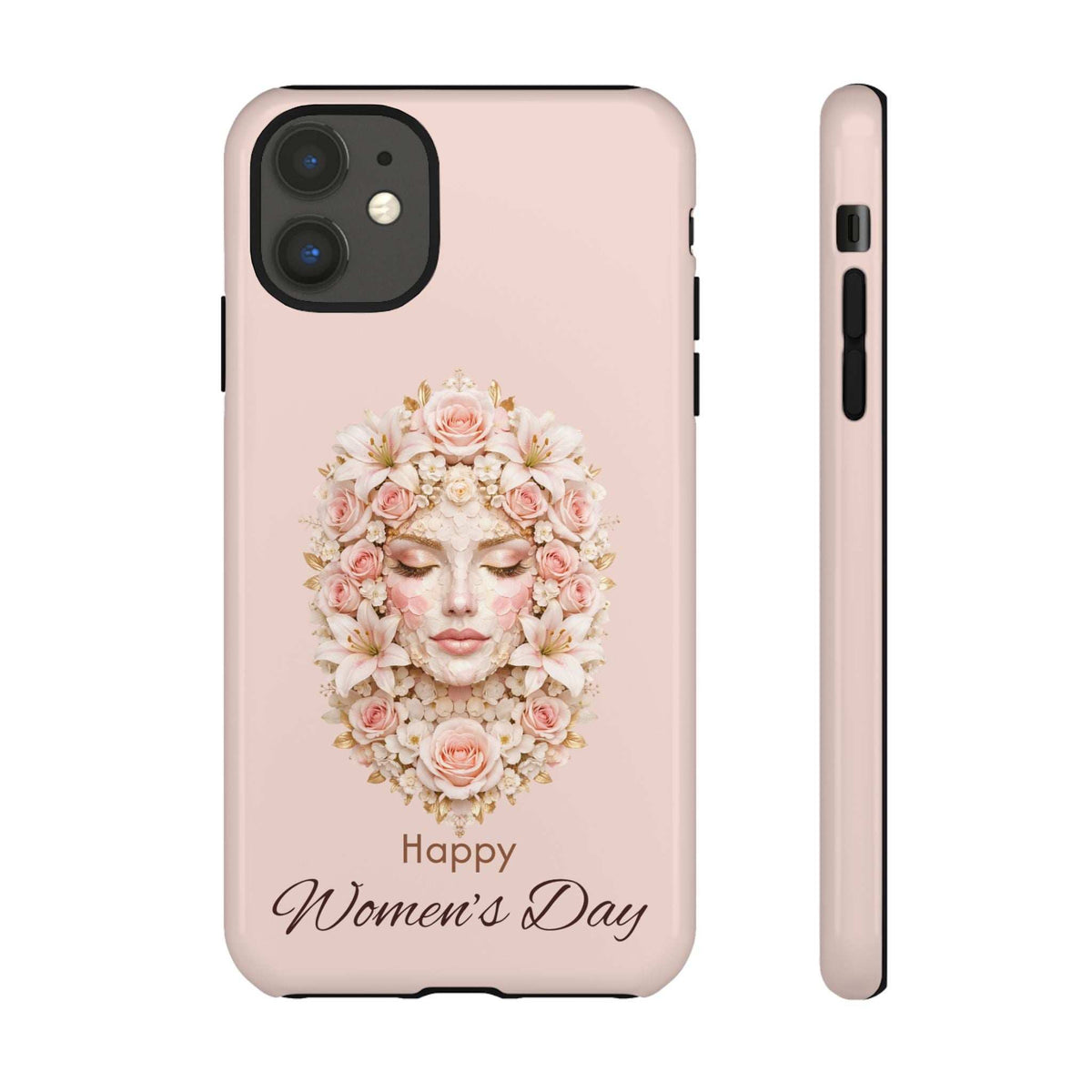 Pink iPhone case with floral crown portrait and “Happy Women’s Day” on front