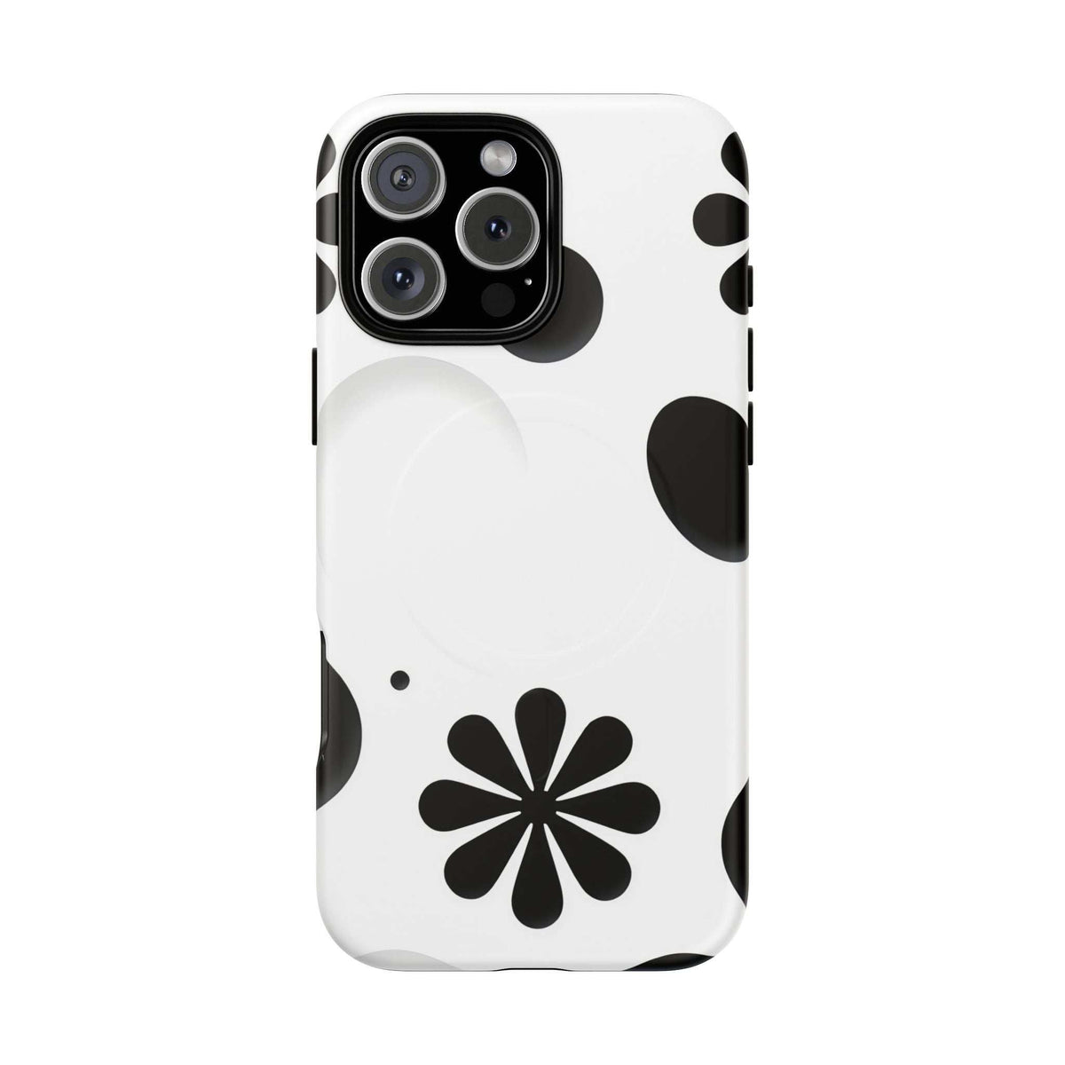 Phone case with black daisy design on white and side magnetic circular accents around edges