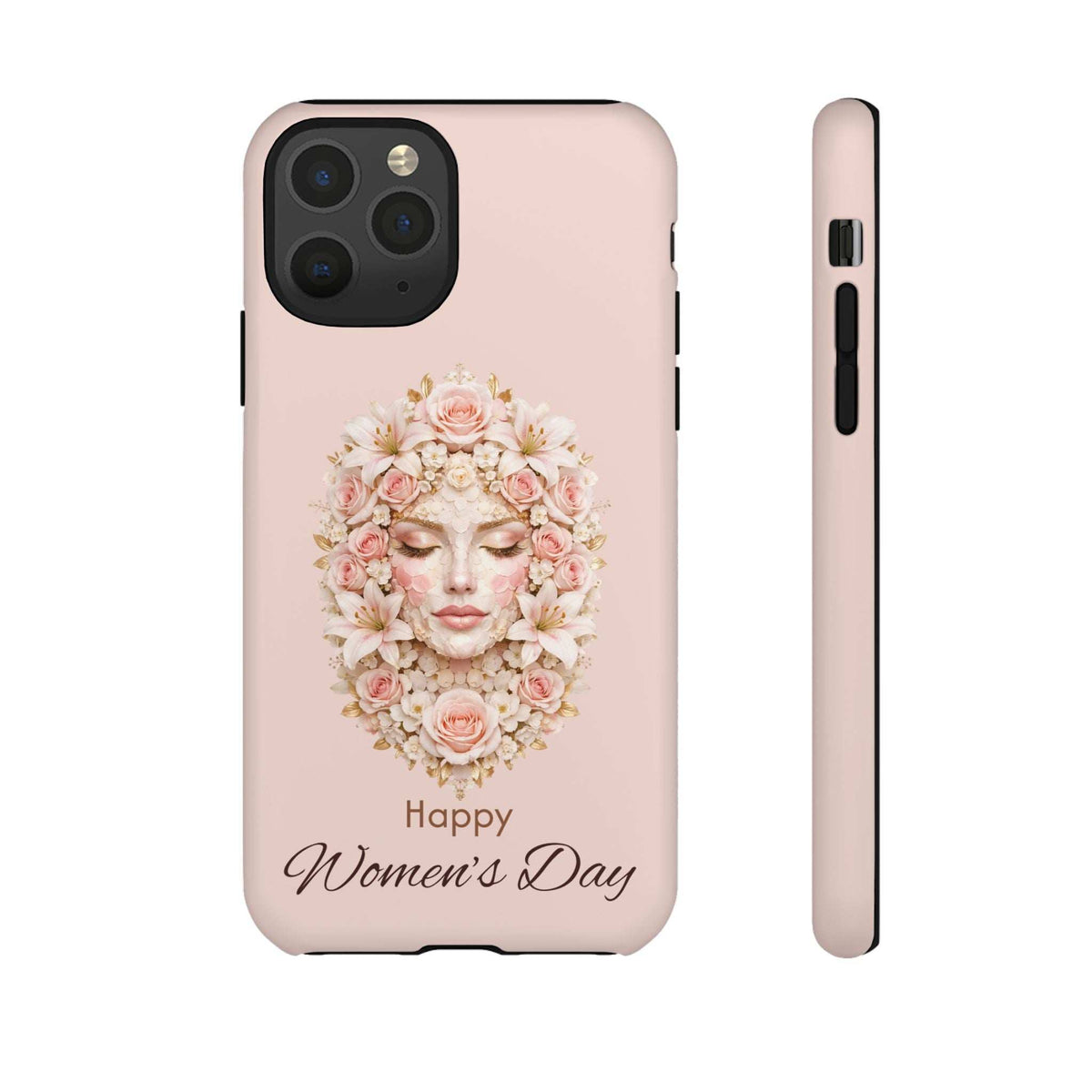 Pink iPhone case with flower crown face art and “Happy Women’s Day” text detail