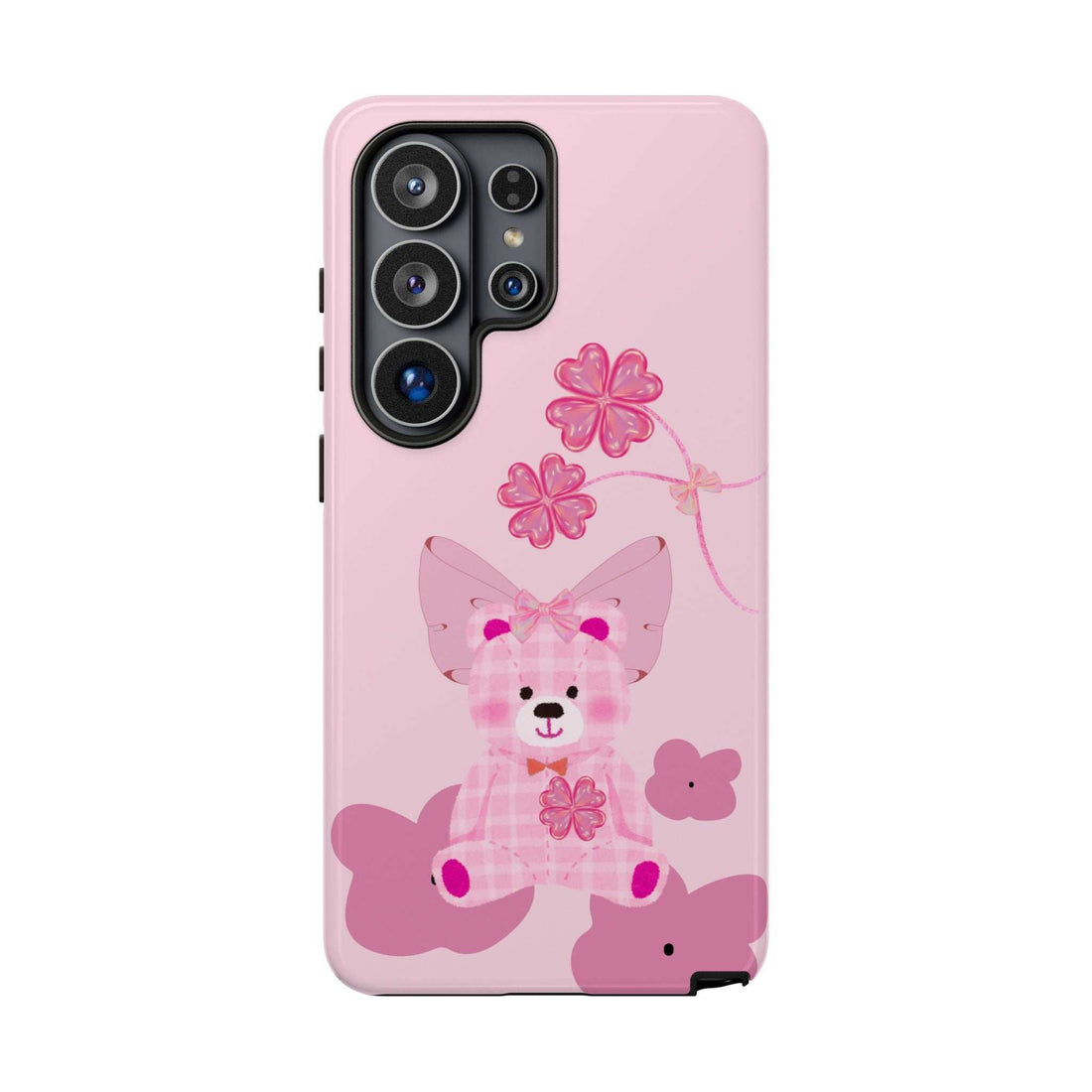 Pink phone case with cute teddy bear design and floral bow; camera cutout.