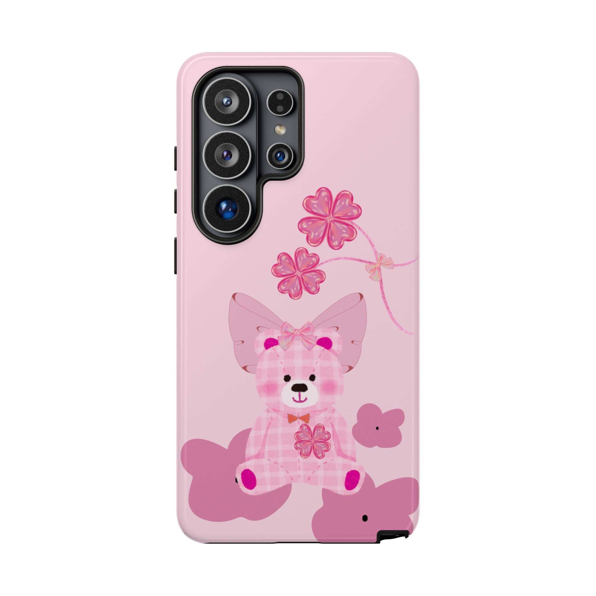 Pink phone case with cute teddy bear design and floral bow; camera cutout.