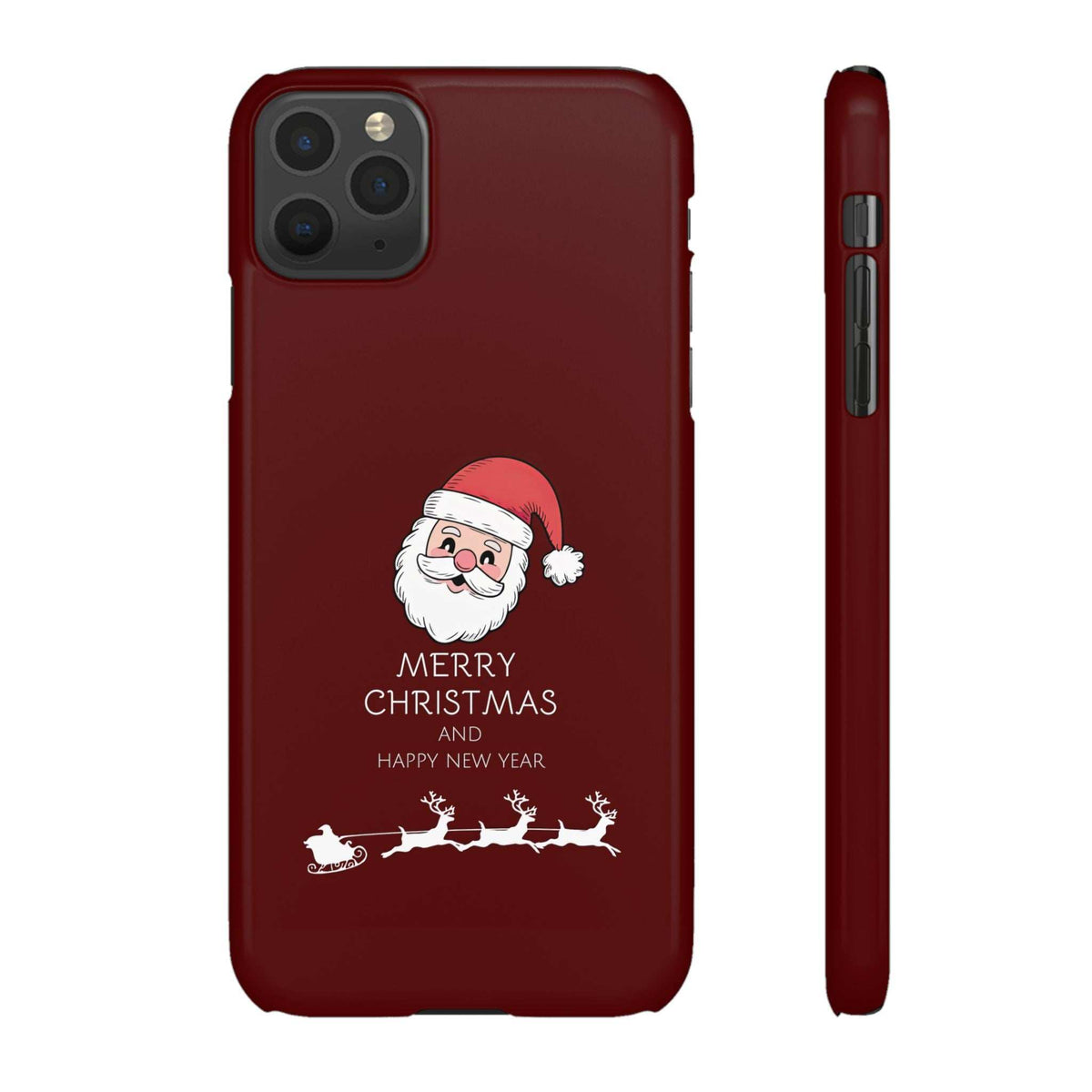 Maroon glossy phone case with Santa graphic, “MERRY CHRISTMAS AND HAPPY NEW YEAR,” cutouts