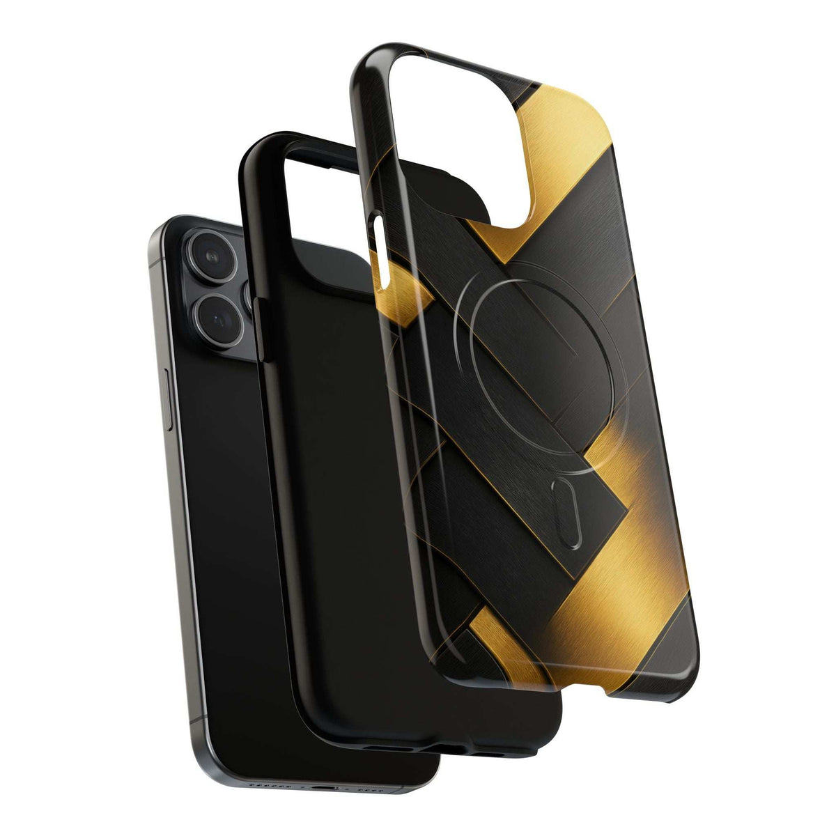 Glossy phone case: black and gold geometric grid design, front lip and side buttons
