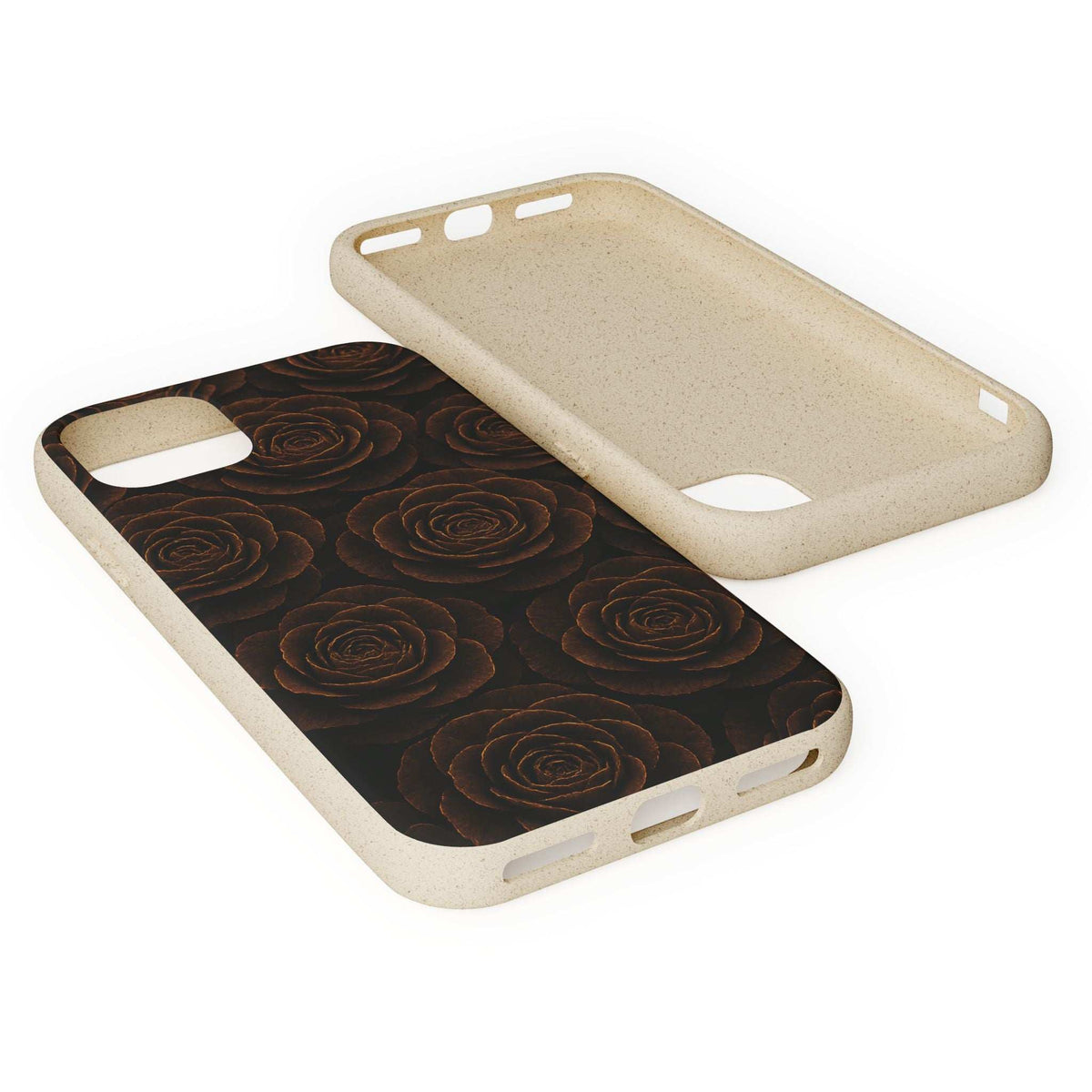 Beige phone case with dark rose swirl design and open ports for speaker and charging