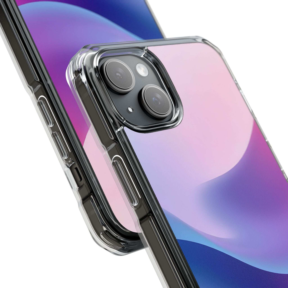 Pastel wave phone case close-up with clear bumper and camera module cover