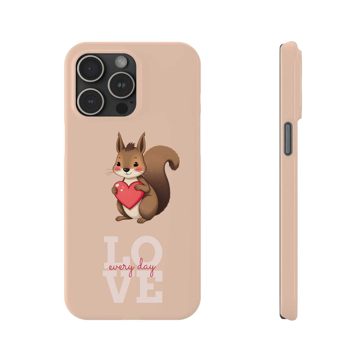 Light pink phone case with squirrel holding a red heart and LOVE graphic, front and edge view