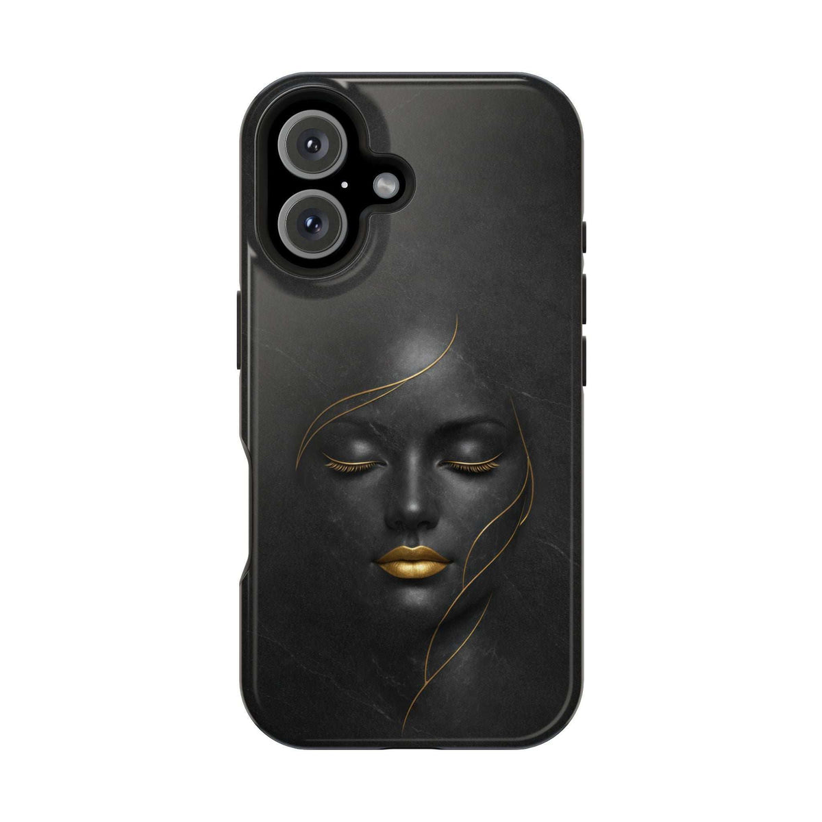 Black phone case with gold face illustration, angled view of camera cutouts