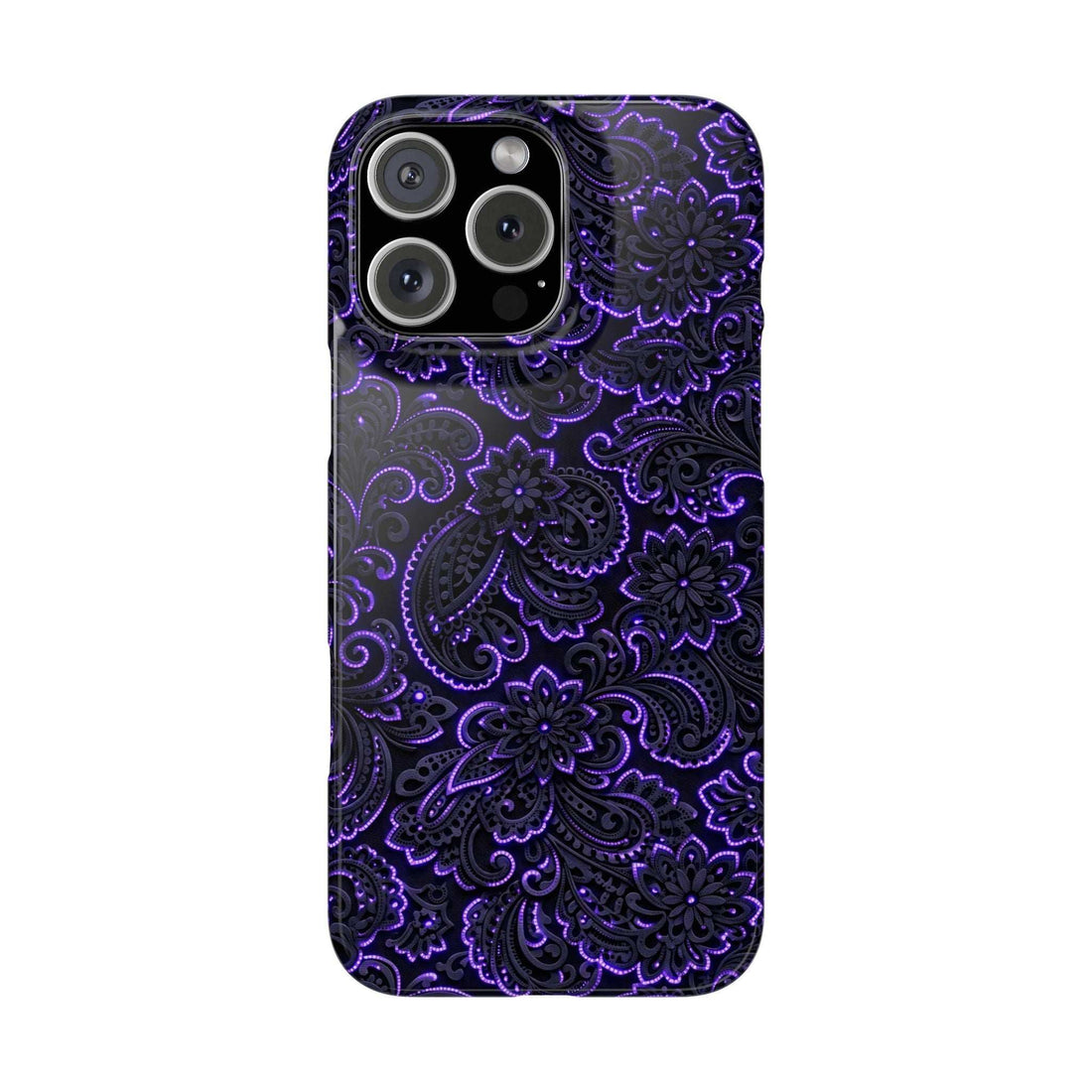 Phone case with neon purple paisley pattern on dark background, raised camera cutouts.