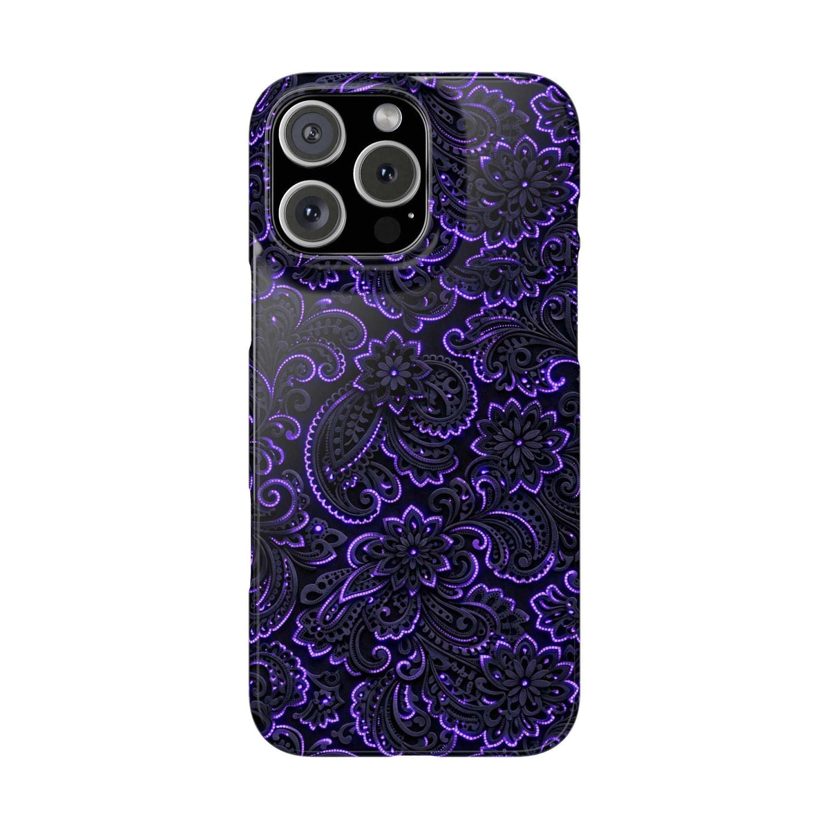 Purple paisley phone case with dark neon floral design and camera module cutout.