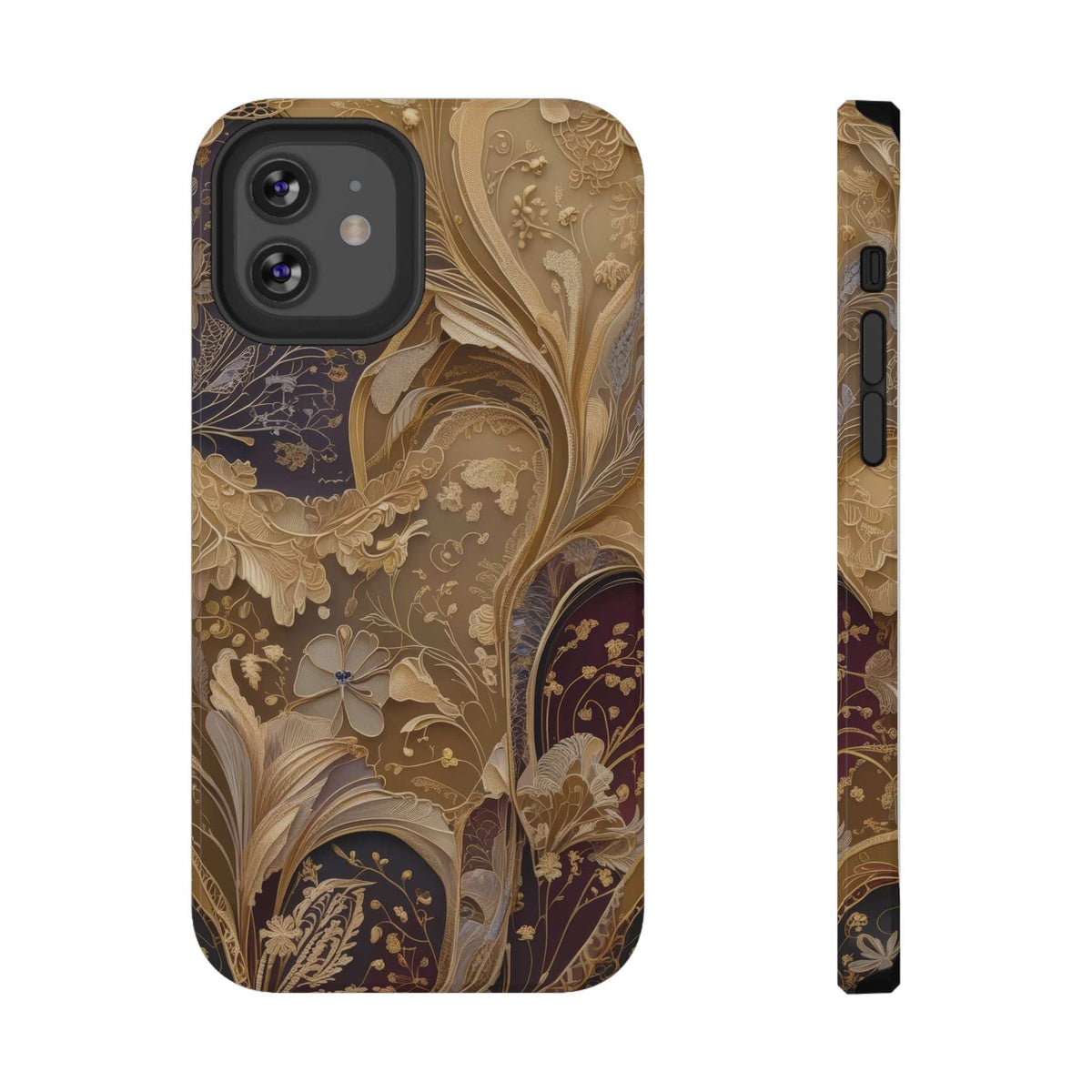 Ornate botanical phone case with gold and dark floral pattern; raised camera cutouts.