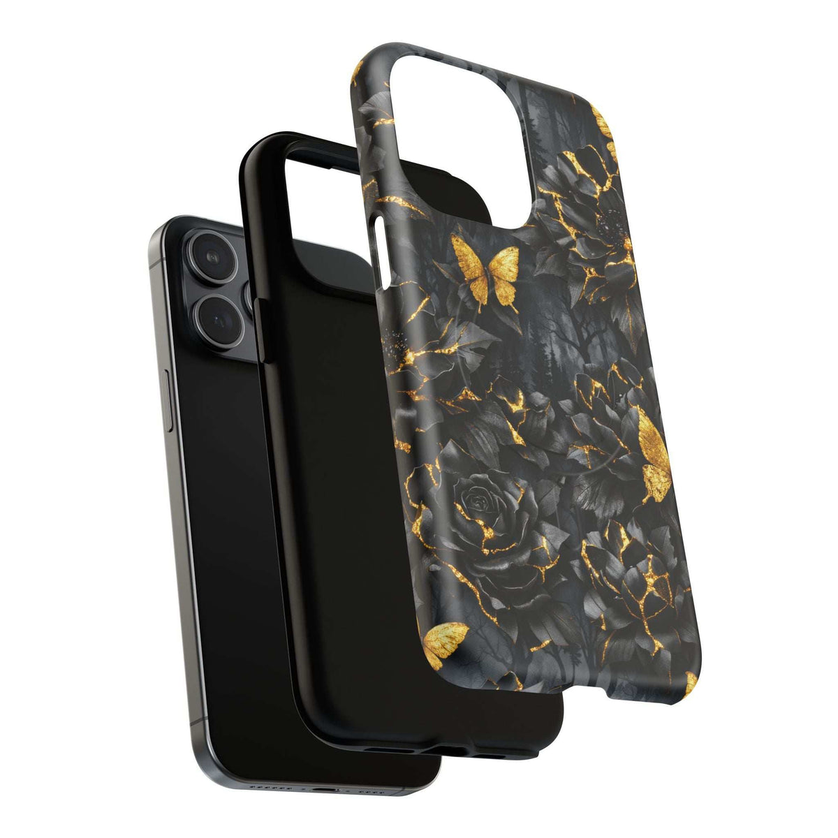 Black phone case with gold rose and butterfly design over textured-looking cracked lines.