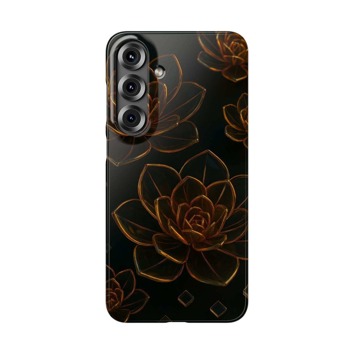 Glossy black glass phone case with amber flower motif and raised camera ring details