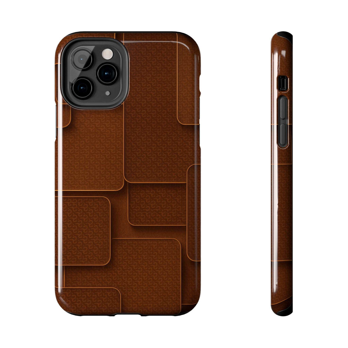 Brown textured phone case, patterned panels, with camera and side cutouts shown.