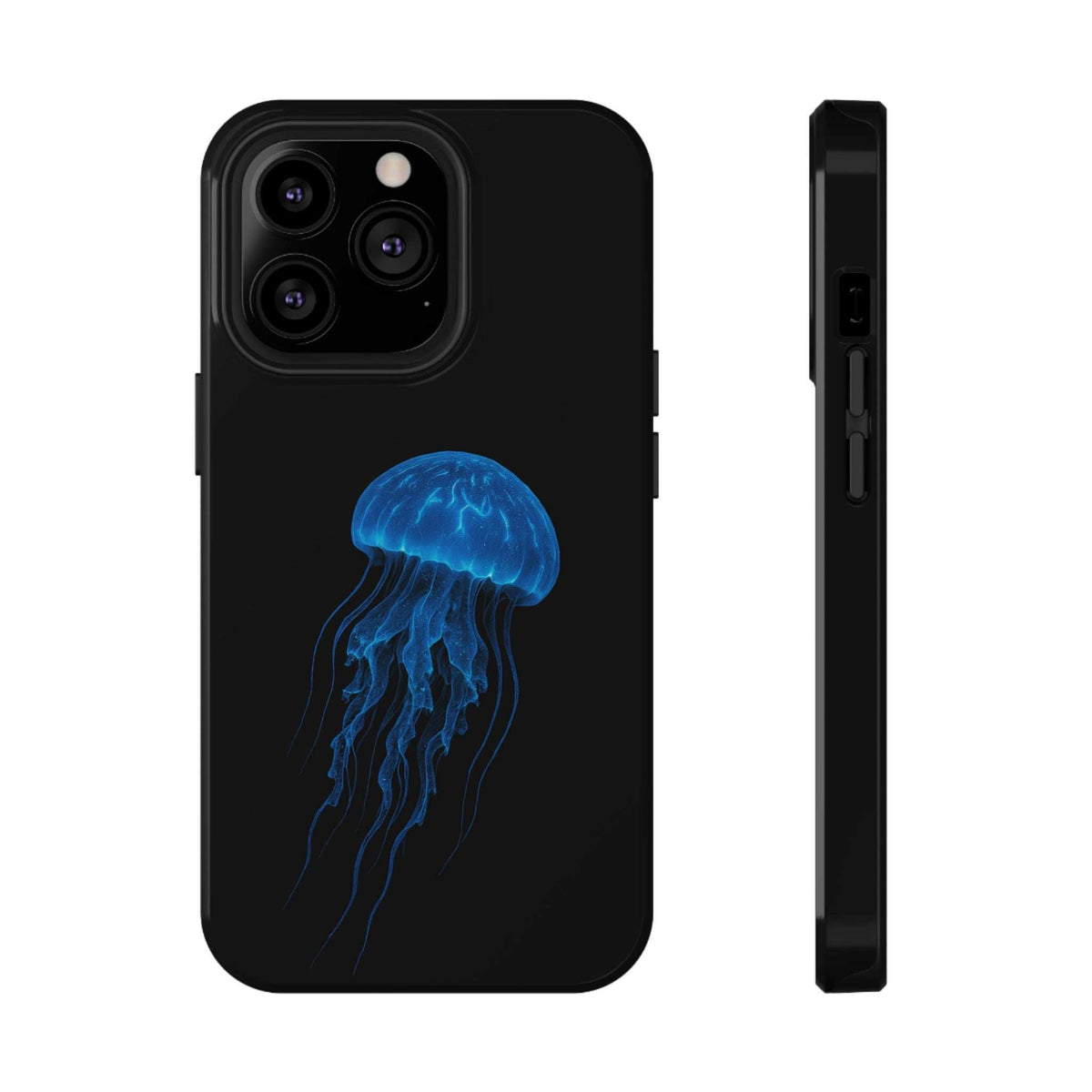 Black phone case with blue jellyfish graphic, front view with matching side view