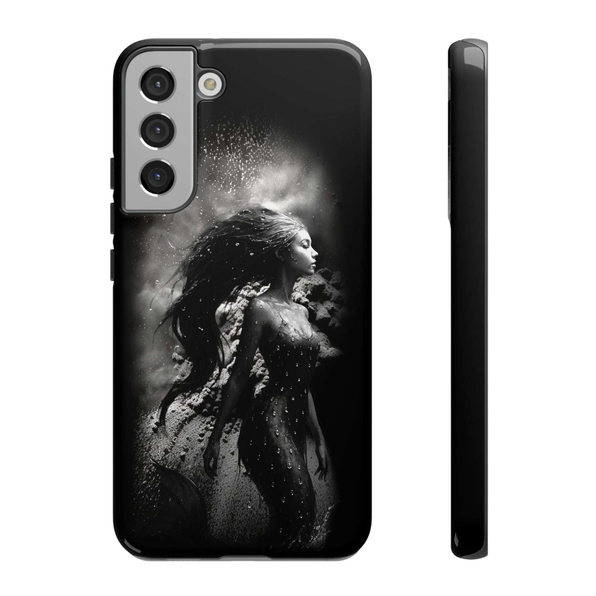 Black monochrome mermaid phone case with camera cutouts and slim side profile
