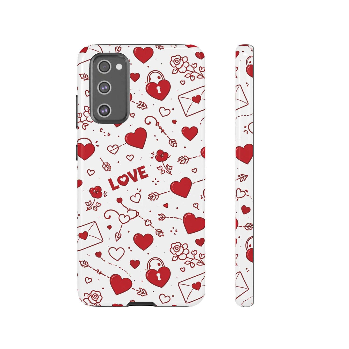 White phone case with red heart, key, and envelope doodles; side edge and button cutout shown.