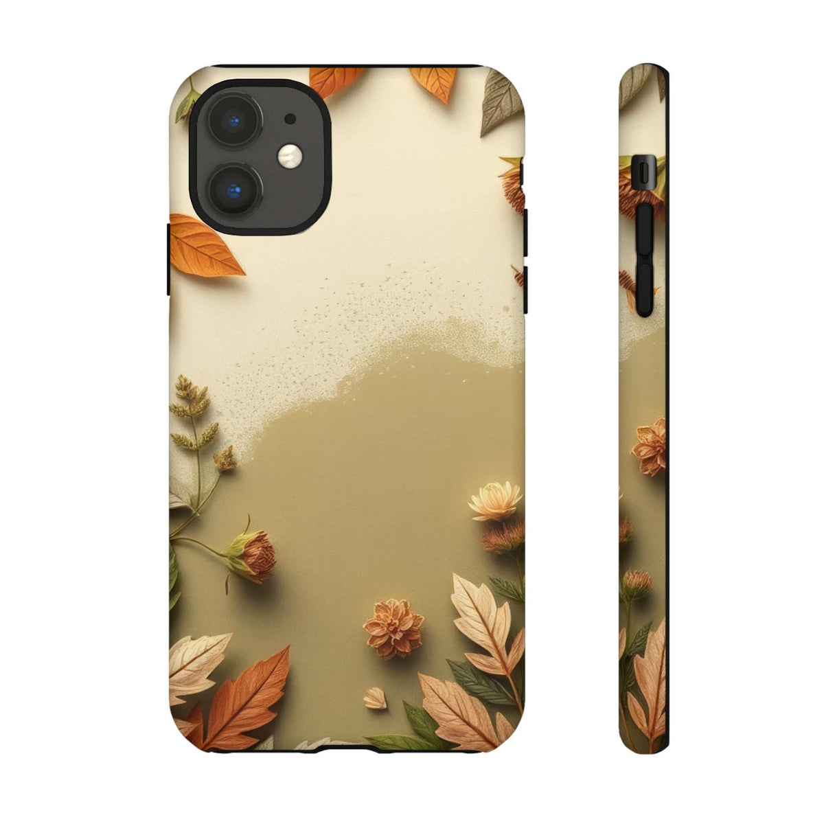 Autumn leaves phone case front and side view with camera, speaker, and port openings.