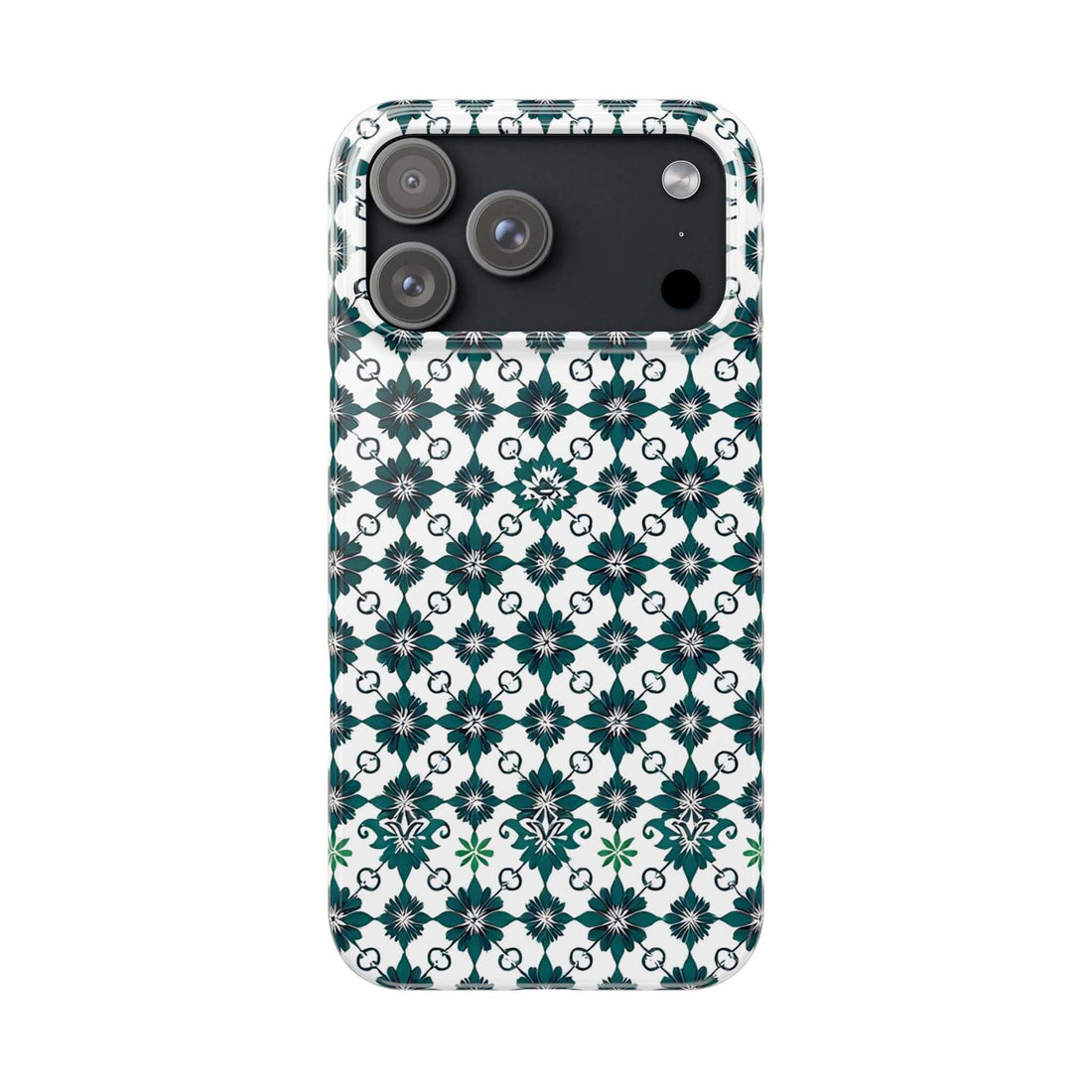Phone case with white background and teal-green geometric floral pattern, camera cutouts.