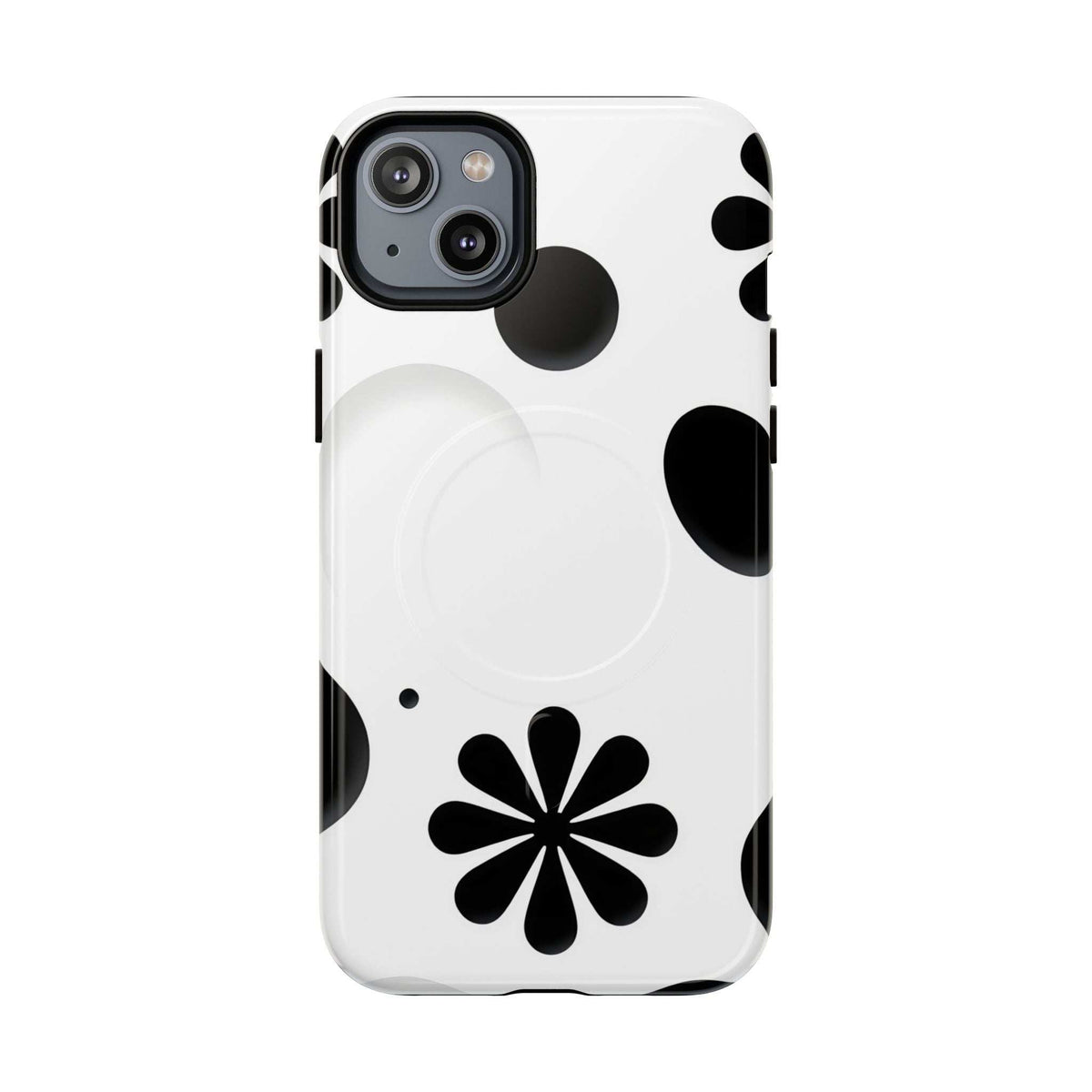 Phone case with black daisy motif on white background, plus side magnetic circle pieces