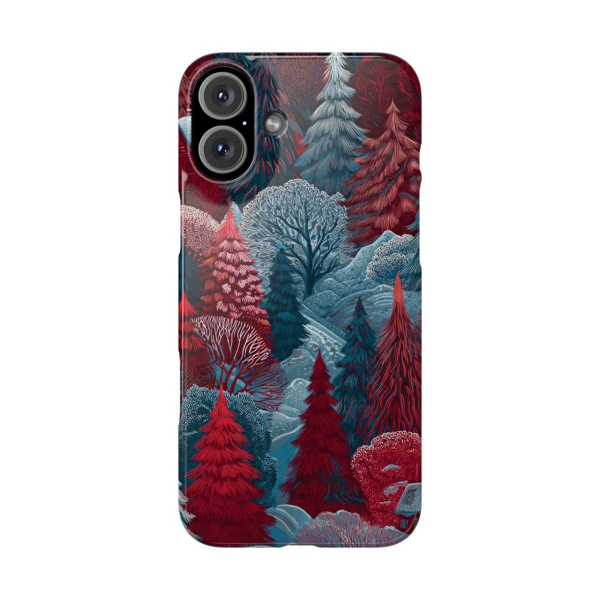 Winter forest phone case featuring snowy blue trees and red evergreens in a scenic print